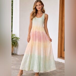 The Pyramid Collection Pastel Rainbow Maxi Dress Fairy Boho Drop Waist Medium